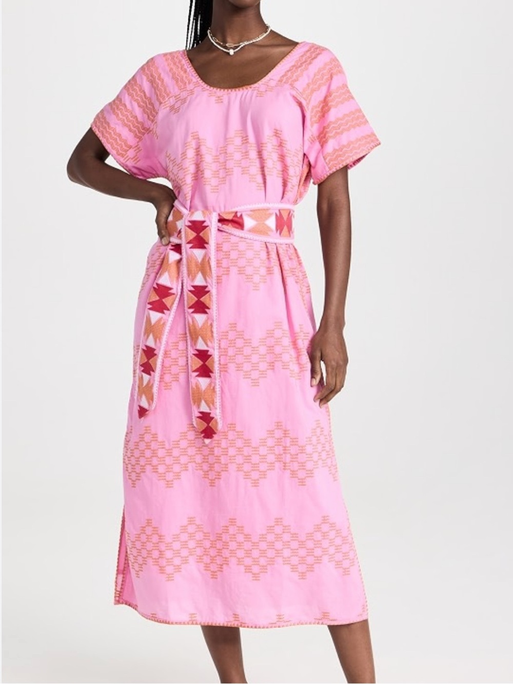 Marea Nosara Caftan Pink Embroidered Midi Dress with Belt